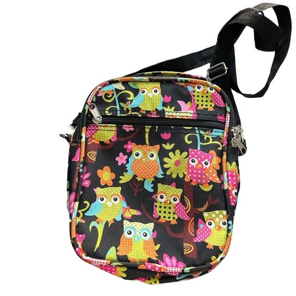 Owl Colorful Print Black Canvas Multi Compartment Crossbody Shoulder Bag - Picture 6 of 6